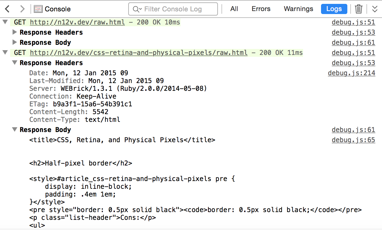 XHR Logger output in WebInspector Console